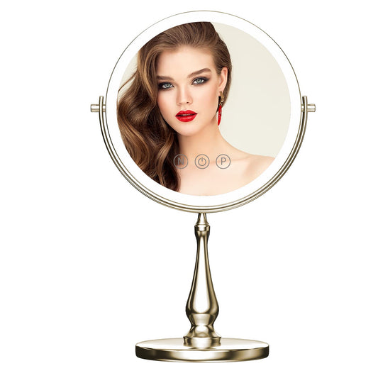 WIZCHARK 9" Large Vanity Mirror with Lights, 1X/10X Magnifying Makeup Mirror with Lighting, 3 Colors Brightness Adjustable, 360°Rotation Double Sided Standing Desk Mirror Brush Nickle