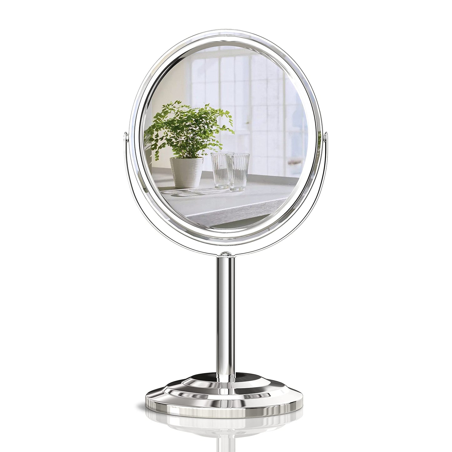 PINKZIO Tabletop Makeup Mirror, Two Sided 1X & 3X Magnifying Mirror, Magnified Vanity Mirror with 360 Degree Swivel for Bathroom or Bedroom, Chrome Finish, Silver