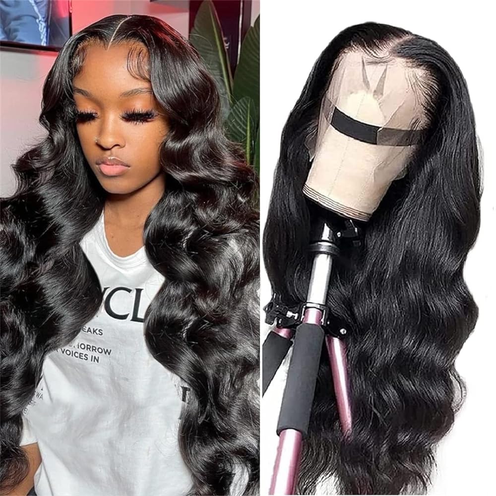 ALIANNA 26 Inch Body Wave Lace Front Wigs Human Hair 180% Density 13x4 HD Transparent Lace Front Wigs Pre Plucked Bleached Knots Glueless Brazilian Frontal Wigs Human Hair for Women Natural Black