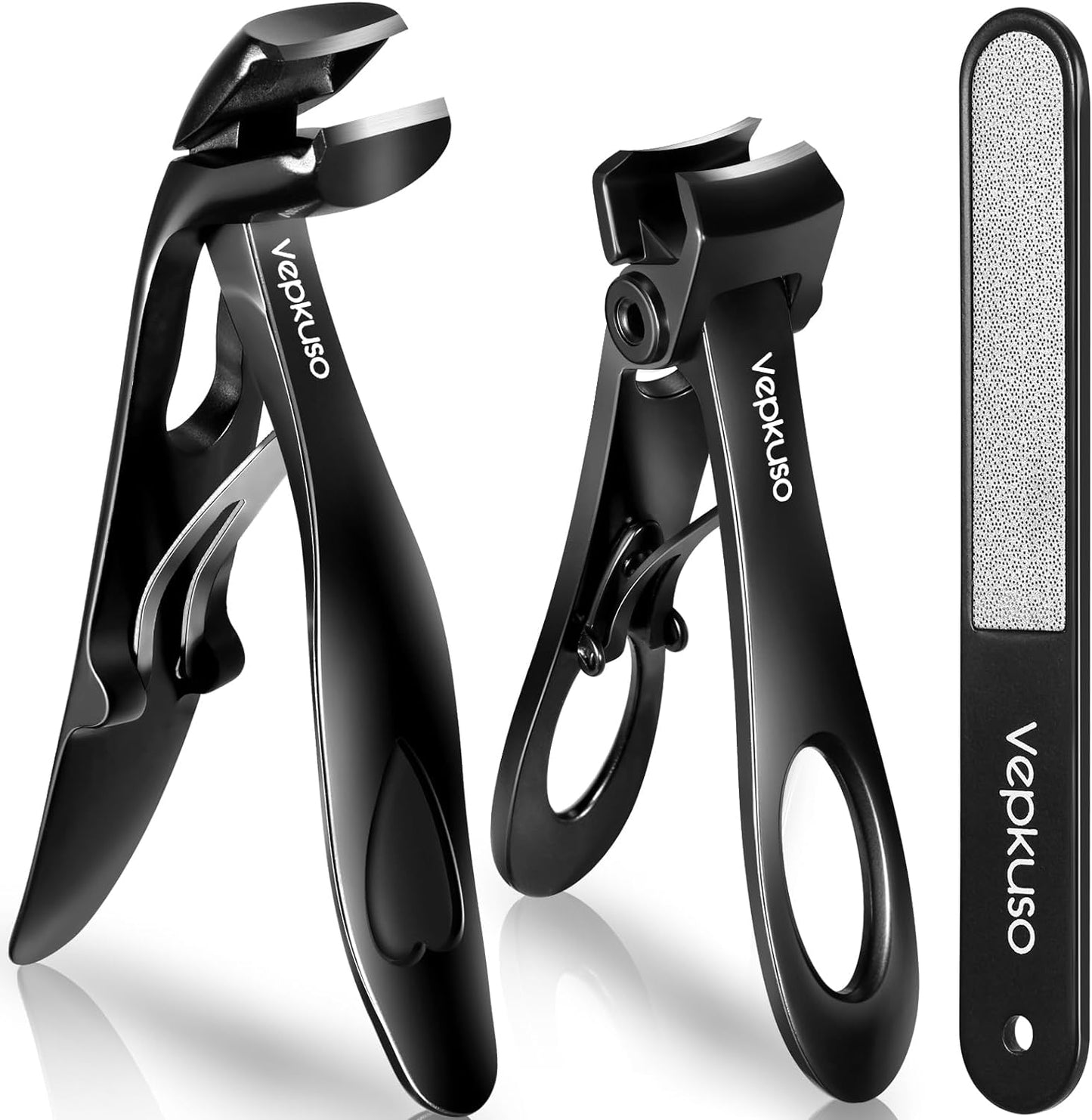 Vepkuso Nail Clippers for Seniors, Wide Jaw Fingernail Clippers and Angled Head Toenail Clippers for Thick Nail, Stainless Steel Professional Nail Cutter with File for Men, Women&Pregnant_Black