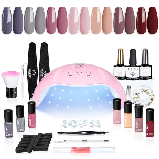 Modelones Gel Nail Polish Kit with U V Light 48W Nail Dryer 7 Nude Colors Gel Nail Polish Set, Base Top Coat, Nail Primer & Decorations,Gift for Women