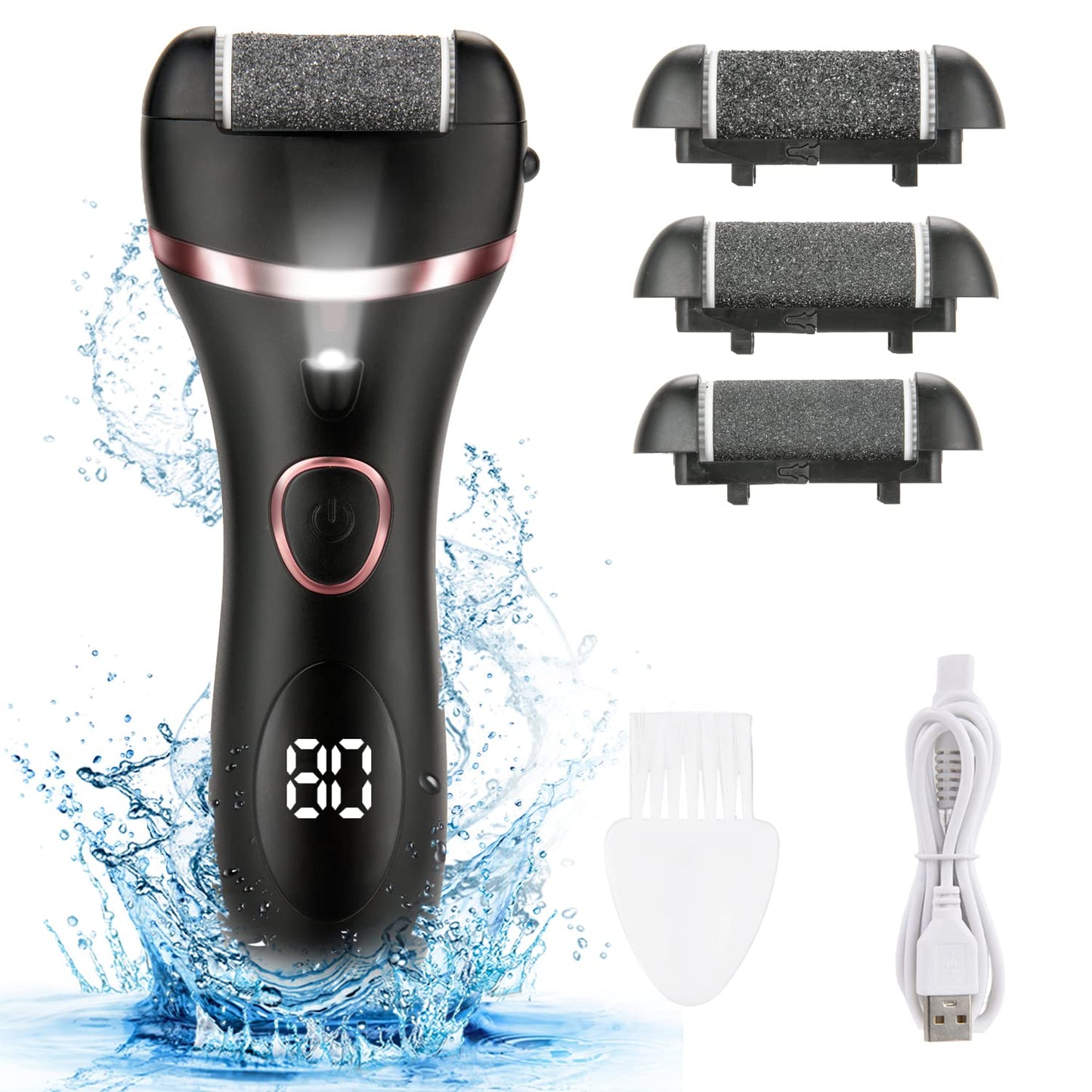 NiceBirdie Electric Callus Remover for Feet, Professional Foot File Pedicure Tools Rechargeable Portable Waterproof Foot Scrubber Dead Skin Remover Kit with 3 Sanding Heads 1 Brush_Black_