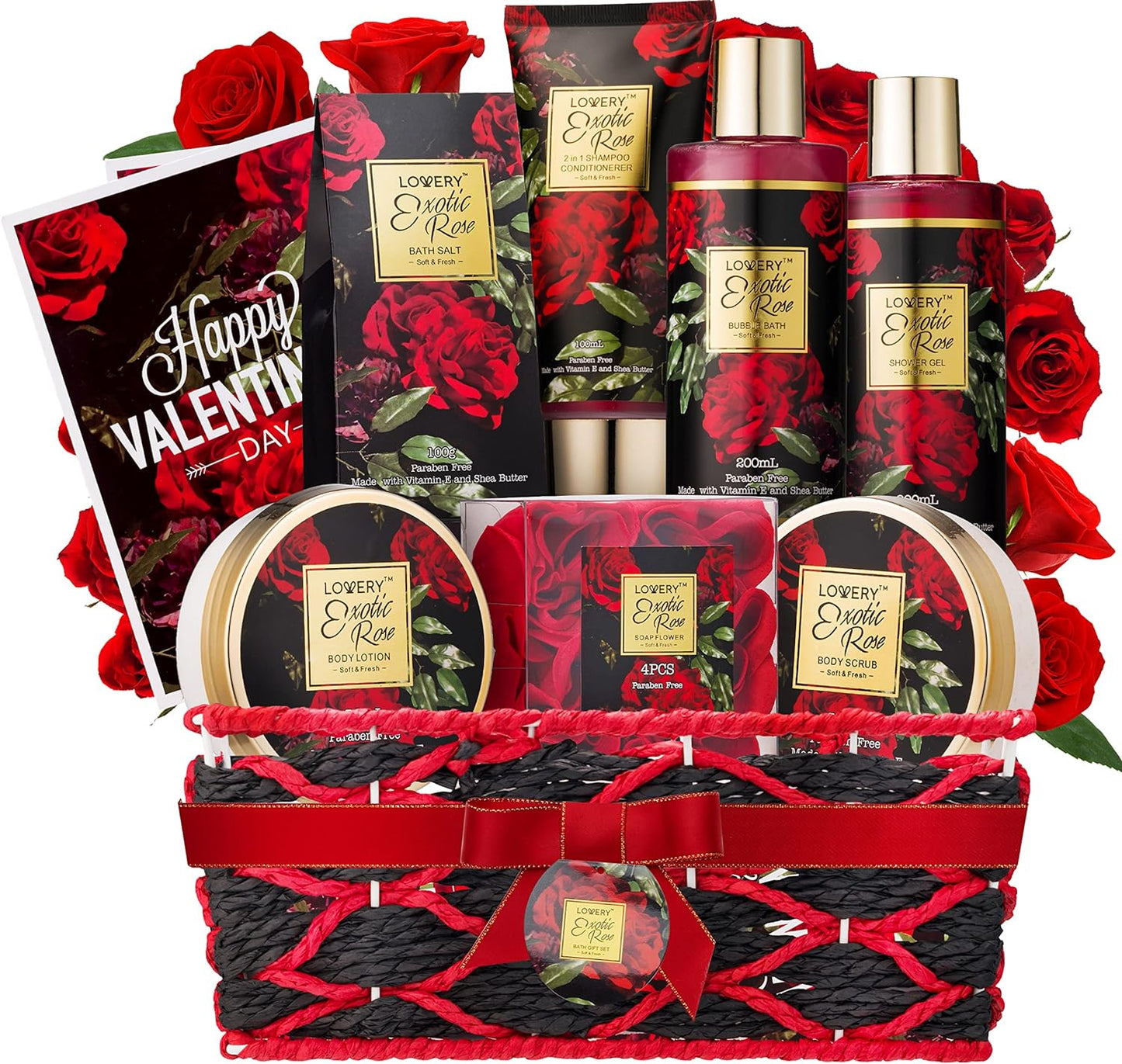 Valentines Day Gifts for Her, Spa Bath and Body Gift Set, Exotic Rose Gift Basket for Women & Men, Stress Relief Thank You Birthday Mom Personalized Gifts, Body Scrub, Bubble Bath, Lotion & More