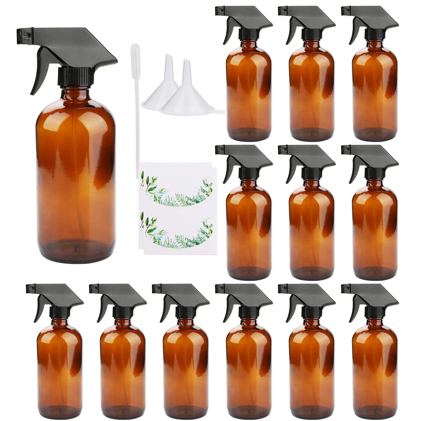 16oz Amber Glass Spray Bottles，Adjustable Sprayers & Chalk Labels, with caps for Essential Oils, Cleaning Products, or Aromatherapy (Spray Bottle Set) [12 pack]