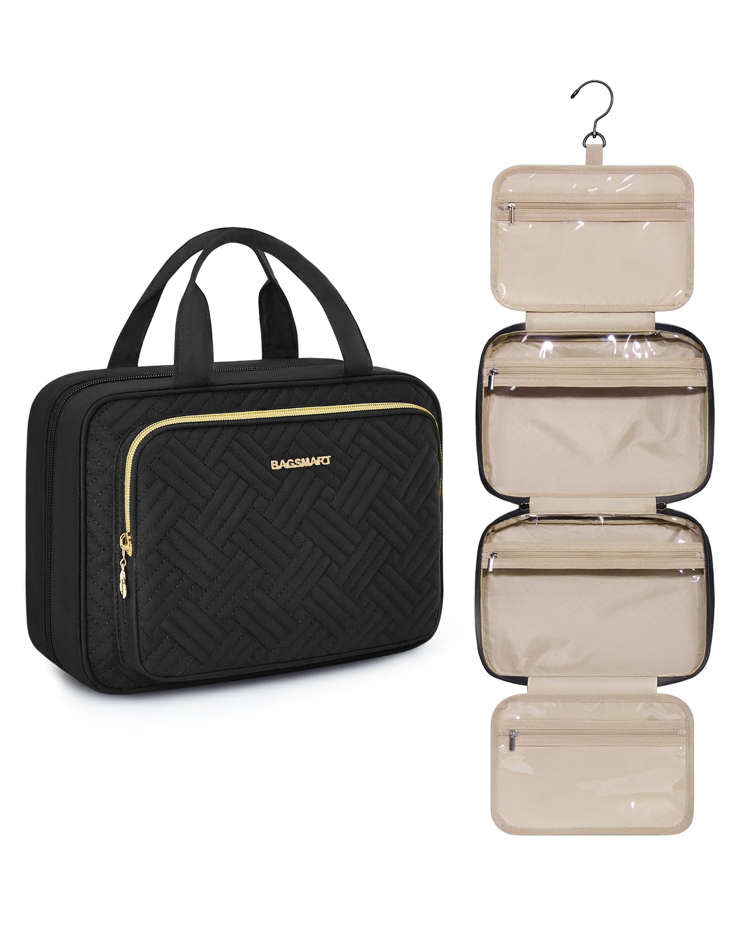 BAGSMART Hanging Travel Toiletry Organizer - Cosmetic Bag for Full Sized Toiletries, Basic-Black