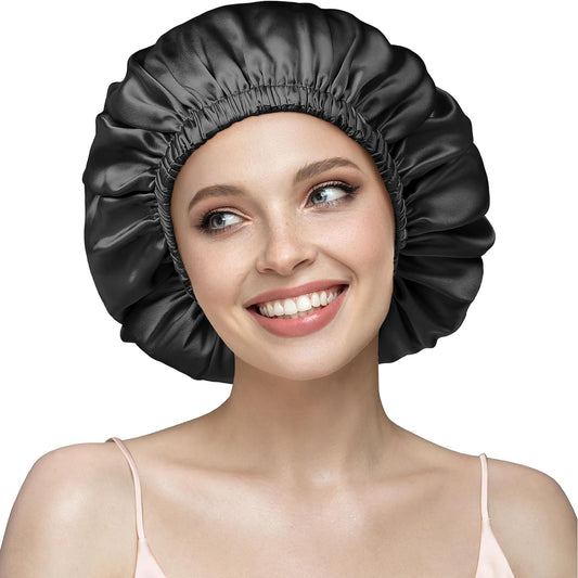 YFONG 22 Momme 100% Mulberry Silk Sleep Cap for Women, Silk Turban, Double Layer Silk Night Bonnet for Sleeping Curly Hair, Adjustable Silk Hair Wrap with Elastic Stay On Head (1Pc, Black)