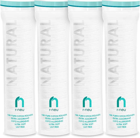 R-NEU 400 Cotton Rounds, 100% Natural Turkish Cotton Makeup Remover and Facial Cleansing Cotton Round Pads, Waffle Textured Hypoallergenic Cotton Wipes, 2.25 Inch Diameter (400 Pack)