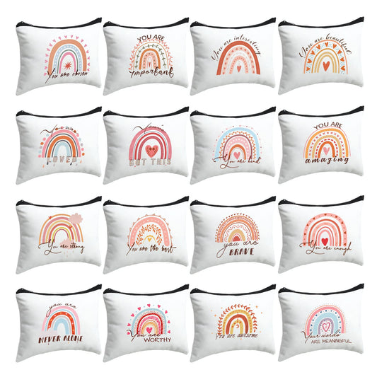 16 Pieces Rainbow Canvas Cosmetic Bag Bulk Inspirational Quotes Makeup Bags with Zipper Encouragement Travel Toiletry Pouch Appreciation Gift for Christmas Women Girls Teacher Birthday Graduation Gift