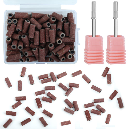 Vnjaoi 120 Pcs Nail Drill Bits Upgrade Small Sanding Bands with 2Pcs 3.1mm Mandrel Bit, 180 Fine Grit Nail File for Acrylic Nails Gel Removing Manicures and Pedicure, Brown