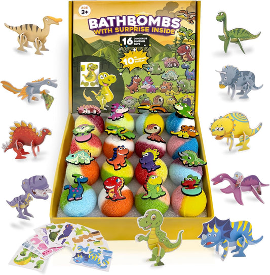 Bath Bombs for Kids with Surprise Toys Inside, 16+10 Bath Bombs with Dinosaur Suction Toys & 3D Puzzles, Natural Organic Kids Safe Bath Fizz Kit, Stocking Stuffers for Kids Christmas, Birthday Gifts