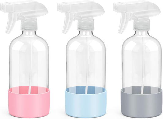 Rionisor Glass Spray Bottles with Silicone Sleeve Protection, Empty 16 oz Refiilable Containers, Reusable Spray Bottles with Adjustable Nozzle for Hair, Cleaning Solutions, 3 Pack Grey&Blue&Pink