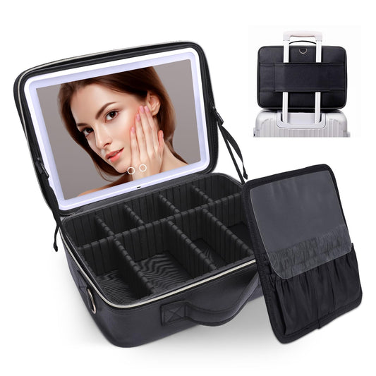 VANMRIOR Travel Makeup Bag with LED Lighted Make up Case with Mirror 3 Color Setting Cosmetic Makeup Box Organizer Vanity Case for Women Beauty Tools Accessories Case Rechargeable (big black)