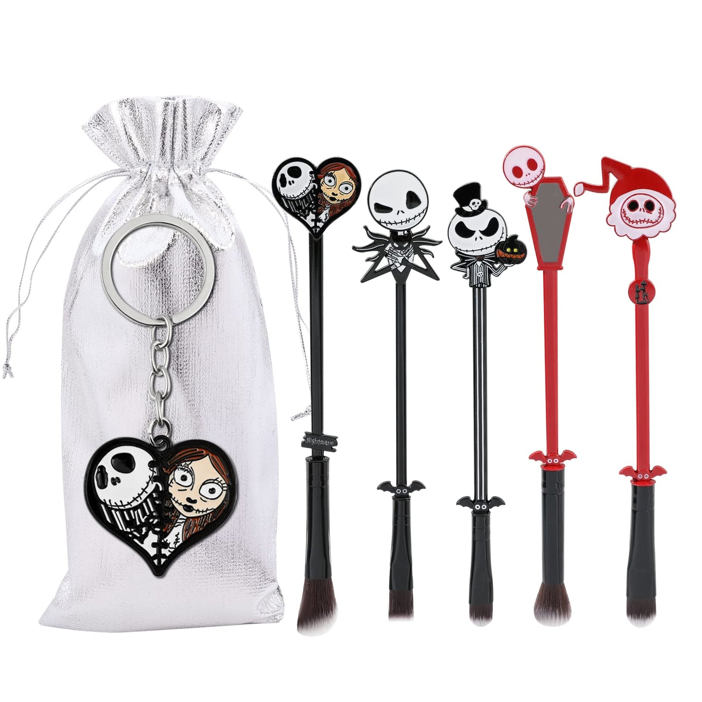 Nightmare Before Christmas Makeup Brushes, 5pcs Corpse Bride Anime Eye Make Up Brush Set with Sally Jack Skellington Keychain Gift for Women Girls