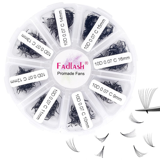 Volume Lash Extensions Mixed Tray 1000 Premade Fans 10D Loose Promade Fans Pointy Base Premade Fans Eyelash Extensions Handmade Premade Lash Fans (10D-0.07C,9-16mm)