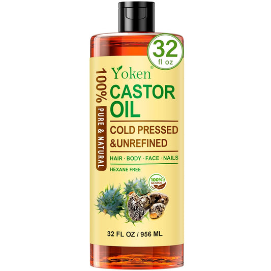 Yoken Pure Castor Oil Cold Pressed 32 fl oz - 100% Natural Castor oil for Hair, Face, Body & Eyebrows, Hexane Free, Unrefined, Great for Castor Oil Pack Deep Nourish Skin Moisturizer Multi-purpose Oil