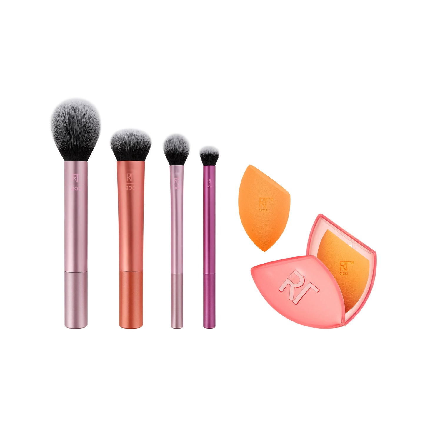 Real Techniques Makeup Brush Set with Travel Sponge Blender for Eyeshadow, Foundation, Blush, and Concealer, Set of 7, Assorted