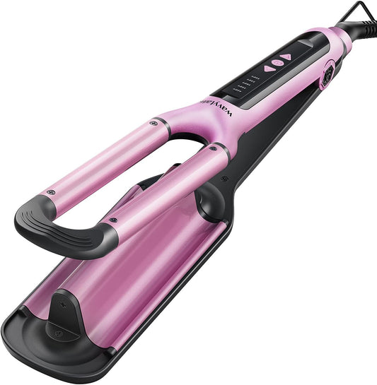 Wavytalk Beach Waves Curling Iron 3 Barrel Deep Hair Waver Hair Crimper Ceramic Curling Wand Beachy Waving Wand Hair Iron Adjustable Heat 300_ - 420 _ Dual Voltage Pink