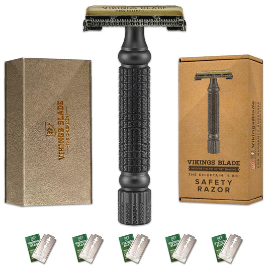 VIKINGS BLADE Double Edge Safety Razor, Quick Release Head + 5 Swedish Steel Blades + Luxury Case. Smooth, Reusable, Eco-Friendly (Chieftain “5 BC”)
