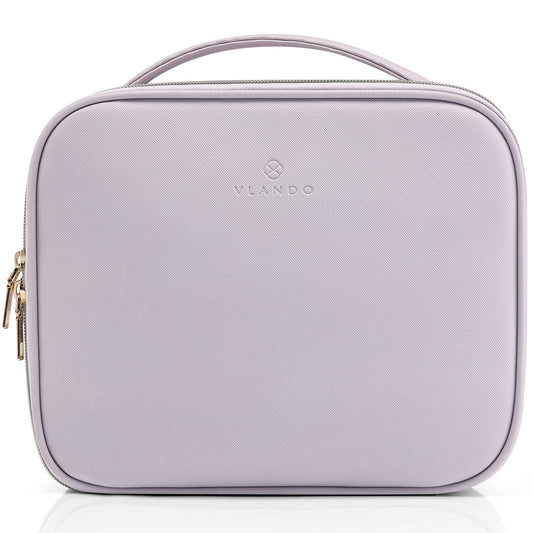Vlando Travel Makeup Bag Cosmetics Bag Storage Faux Leather Portable Artist Storage Bag with Adjustable Dividers for Cosmetics Makeup Brushes, Girls Women Friends Purple