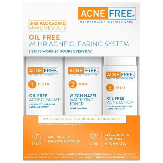 Acne Free 3 Step 24 Hour Acne Treatment Kit - Clearing System w Oil Free Acne Cleanser, Witch Hazel Toner, & Oil Free Acne Lotion - Acne Solution w/ Benzoyl Peroxide for Teens and Adults - Original