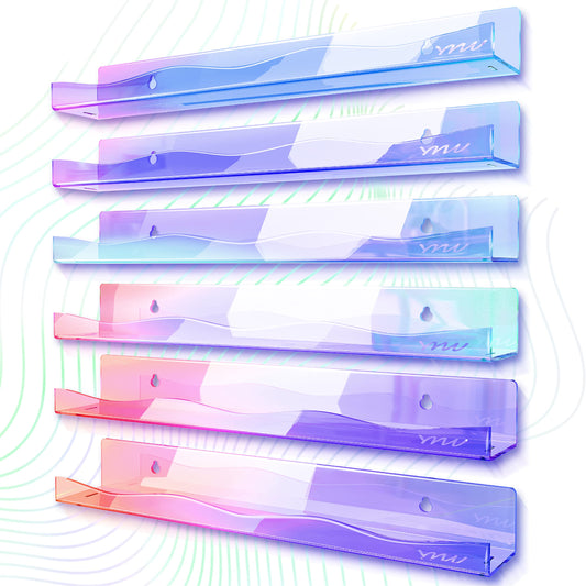 YMVV Iridescent Acrylic Nail Polish Wall Racks,15" Increased Width Clear Rainbow Wall Mounted Shelves Nail Polish Organizer,Sunglasses Essential Oil Storage Shelf Display 6 Pack