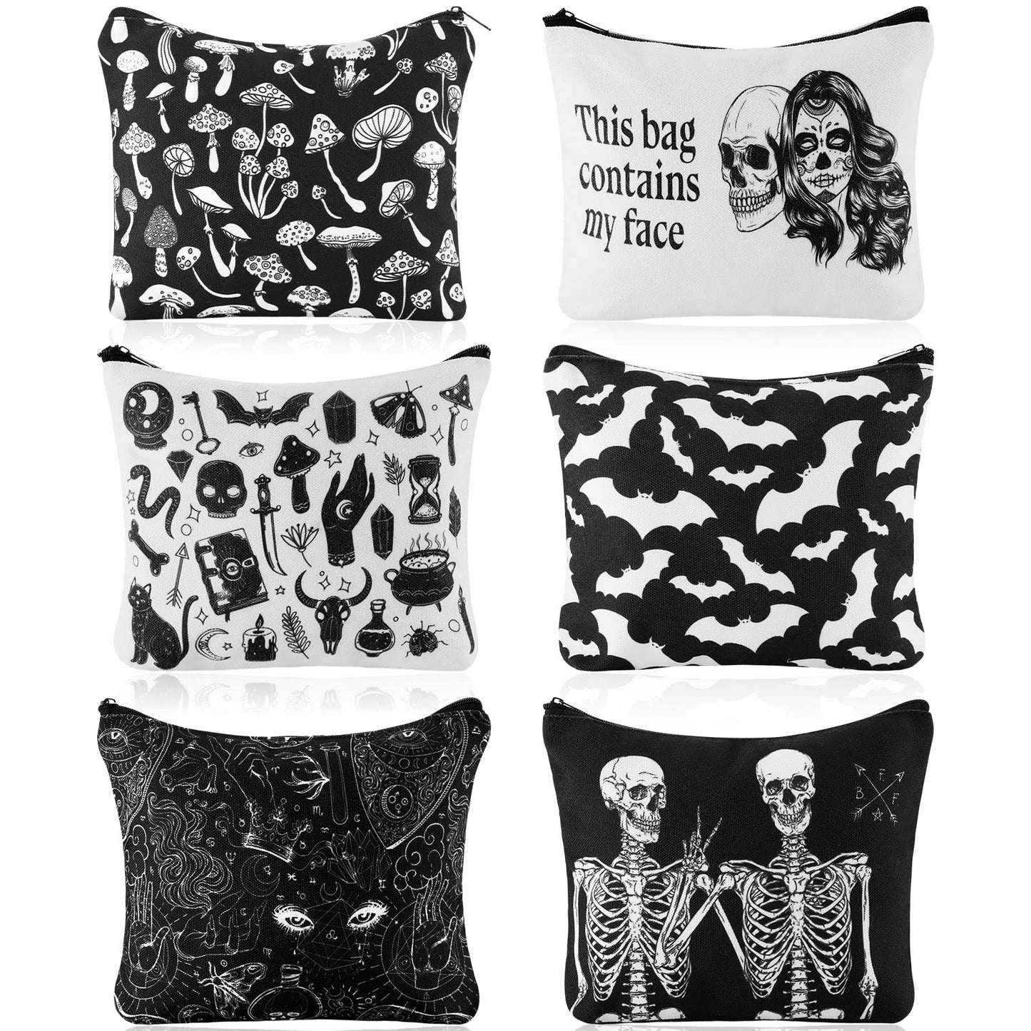 Amylove 6 Pieces Goth Makeup Bag This Bag Contains My Face Cosmetic Makeup Zipper Pouch Funny Travel Zipper Halloween Purse Bat Mushroom Goth Spooky Gifts for Women Period
