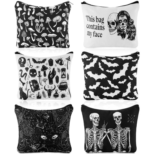 Amylove 6 Pieces Goth Makeup Bag This Bag Contains My Face Cosmetic Makeup Zipper Pouch Funny Travel Zipper Halloween Purse Bat Mushroom Goth Spooky Gifts for Women Period