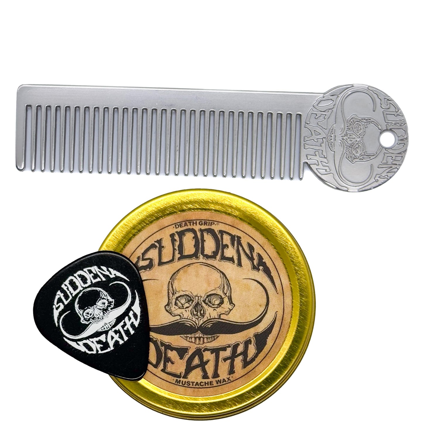 Strong Hold Sudden Death 1 oz Tin & Platinum Death Grip Mustache Comb Mens Combo Kit - Grooming For Men Handlebar Moustache & Beard Wax Tin