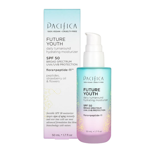 Pacifica Beauty, Future Youth Daily Turnaround Hydrating Moisturizer SPF 50, Lightweight Face Sunscreen, Fast-Absorbing, Fights Signs of Aging, UVA/UVB Broad Spectrum, Chemical Sunscreen, Vegan
