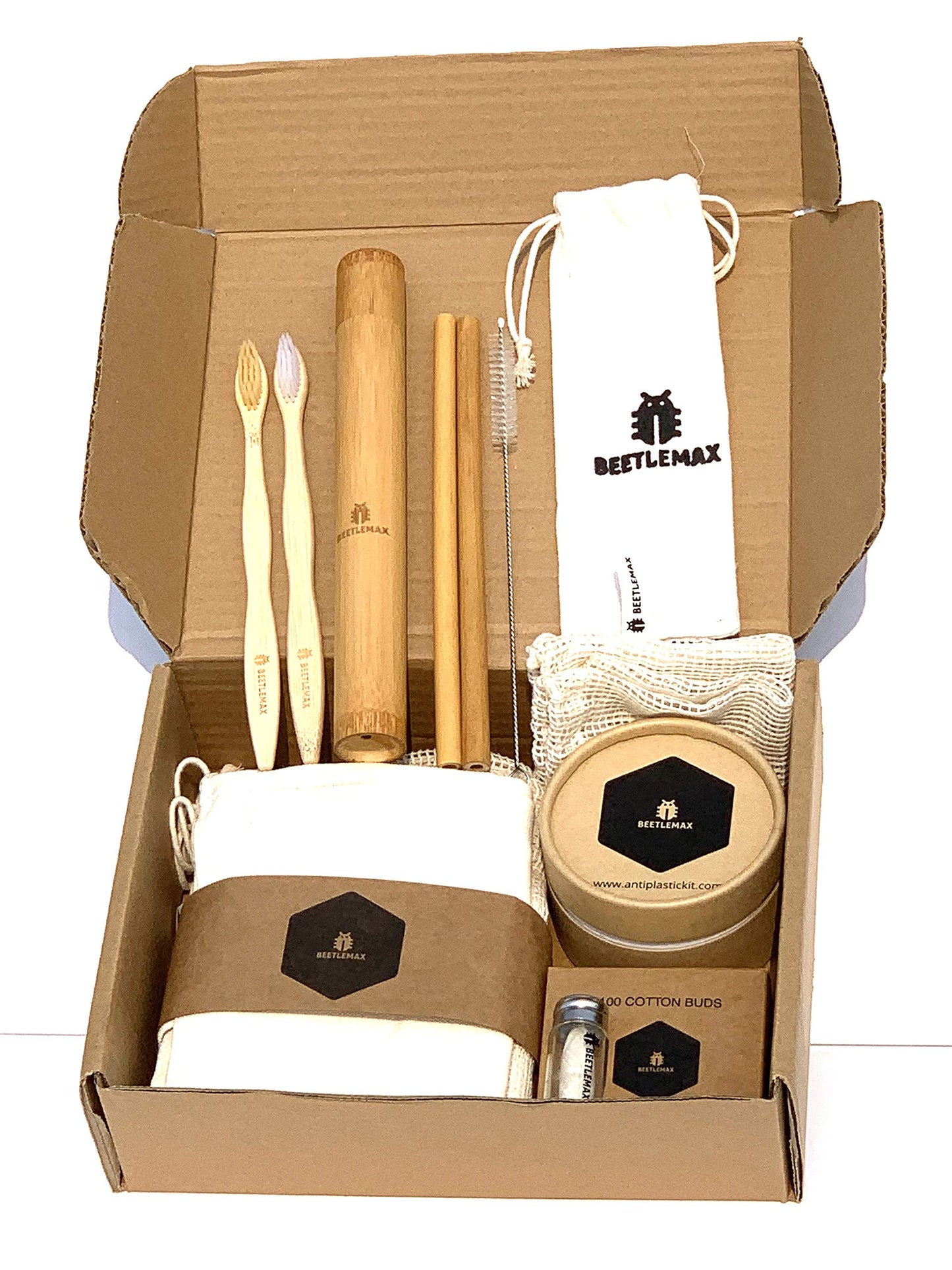 Beetlemax Zero Waste Kit with Sustainable and Reusable Bamboo Straws, Bamboo Toothbrushes, Silk Dental Floss, Bamboo-Cotton Pads for Face, Bamboo-Cotton Swabs and Mesh Produce Bags.