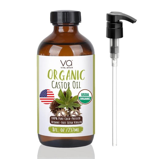 VITAL AFFAIR Castor Oil Organic Cold Pressed Unrefined Glass Bottle- USDA Certified Organic Castor Oil For Castor Oil Pack Wrap-Castor Oil For Skin, Hair Growth, Eyelashes, Eyebrows & Nails-8 Fl Oz