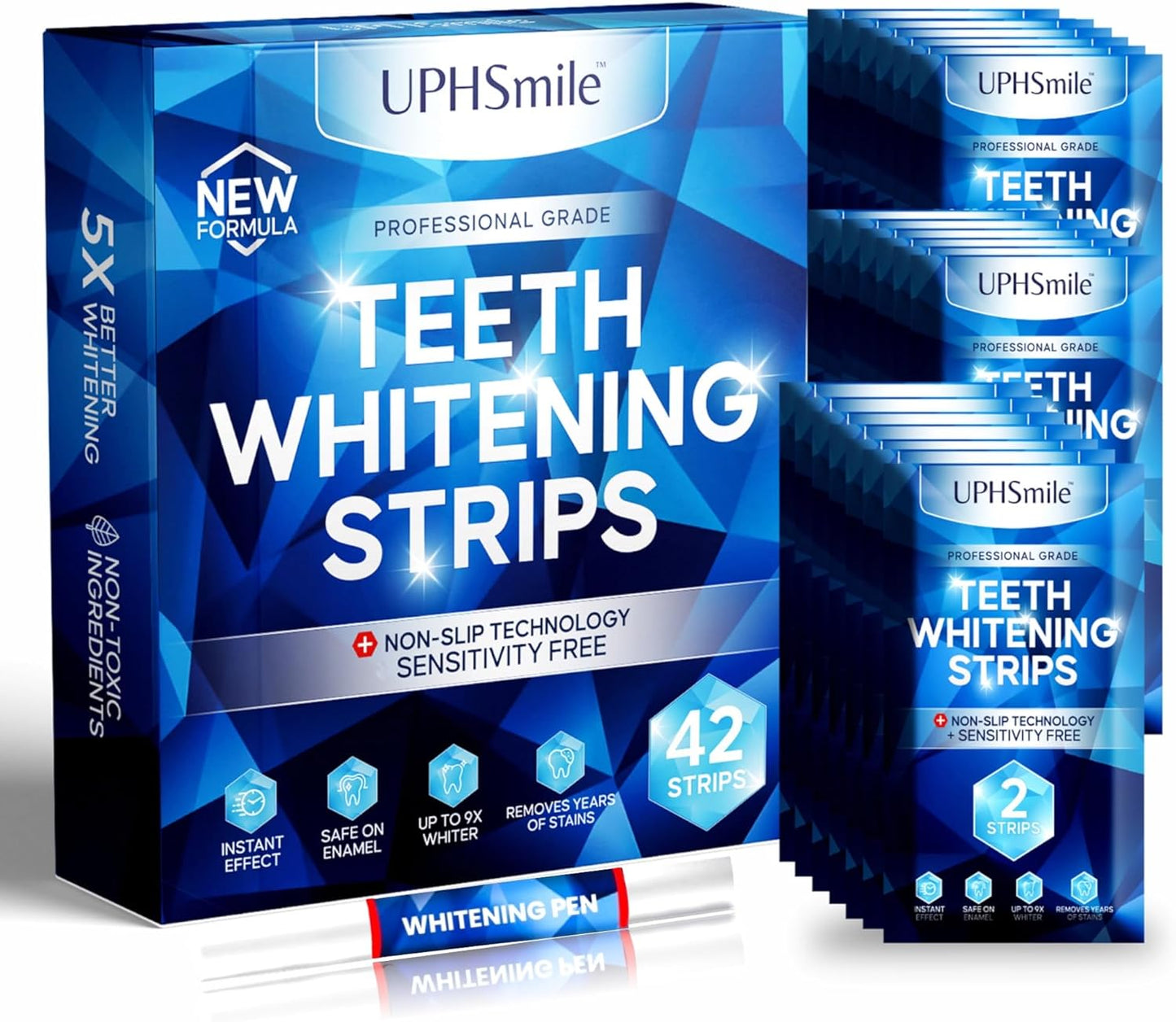 UPHsmile Professional Teeth Whitening Strips - 21 Whitening Sessions - Sensitivity Free - 42 Peroxide Free Whitening Strips - Safe for Enamel 100% Natural-1x2ml Whitening Pen + Mouth Opener Included