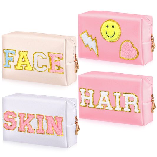 Sanwuta 4 Pcs Chenille Bag Preppy Patch Makeup Bag Cosmetic Bag Chenille Letters Toiletry Bag PU Leather Waterproof Portable Pouch Travel Organizer (White, Pink, Beige, Fresh Style)