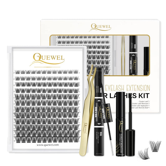 QUEWEL DIY Lash Extensions Kit Lash Clusters 144 Pcs, Cluster Lashes Golden Lashes Tweezers, Eyelash Clusters Bond and Seal Waterproof, Cluster Lash Glue Remover for DIY Lash Extensions (QU-RR-DH-02)