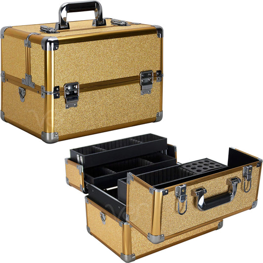 Ver Beauty beauty 3 easy slide extendable trays professional cosmetic makeup train case organizer travel dividers Gold Glitter Vk003-57