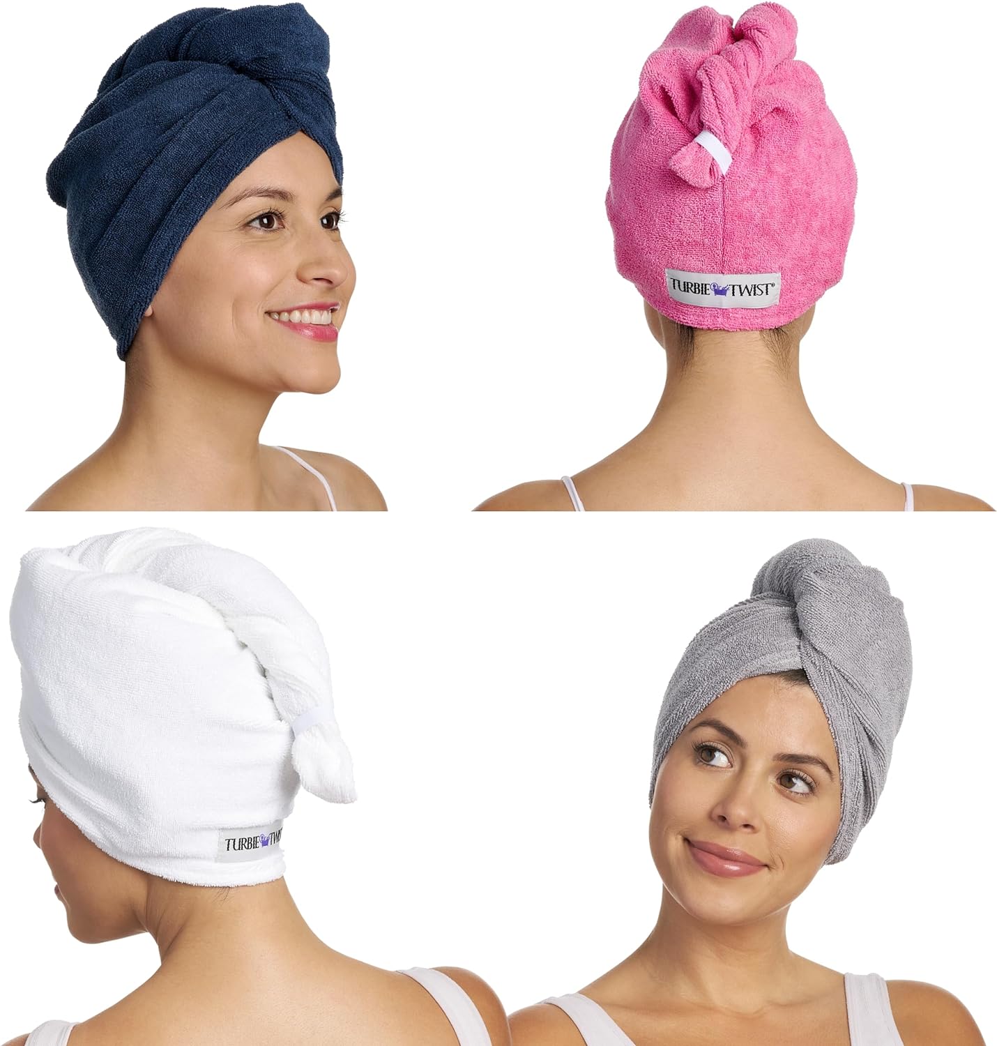 Turbie Twist Microfiber Hair Towel Wrap for Women and Men | 4 Pack | Bathroom Essential Accessories | Quick Dry Hair Turban for Drying Curly, Long & Thick Hair (Pink, Blue, Grey, White)